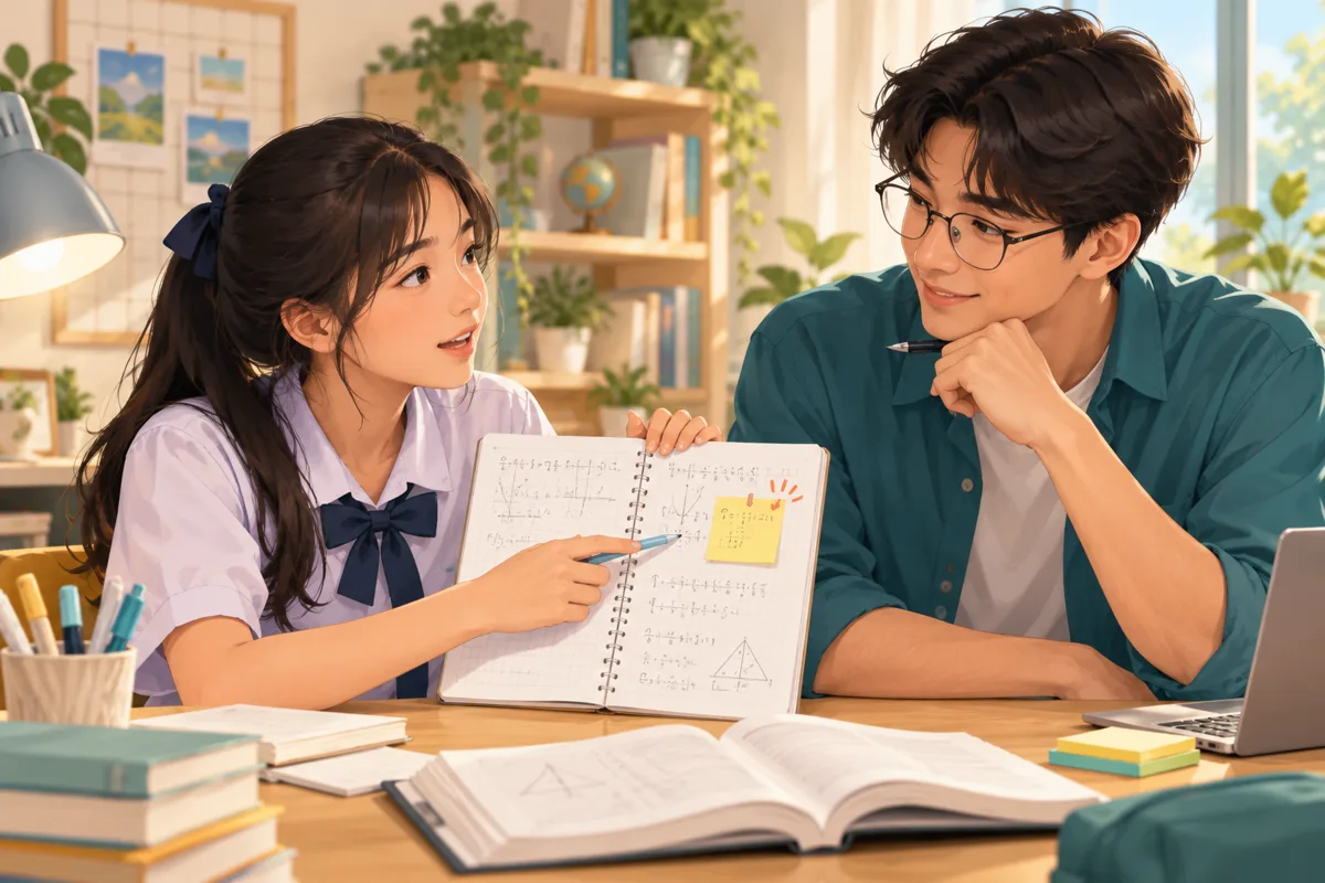 นักเรียนนำสมุดที่แสดงวิธีทำและจุดสงสัยมาคุยกับติวเตอร์