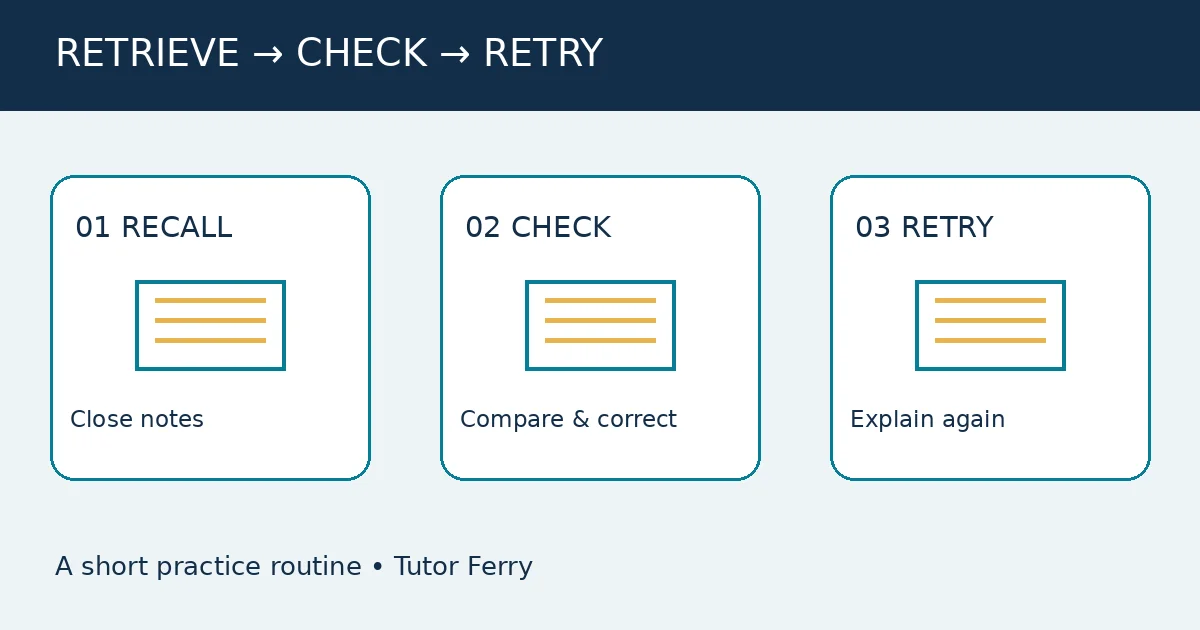 แผนภาพสามขั้นตอน Recall Check Retry แสดงการนึกคำตอบ ตรวจแก้ และลองอธิบายใหม่