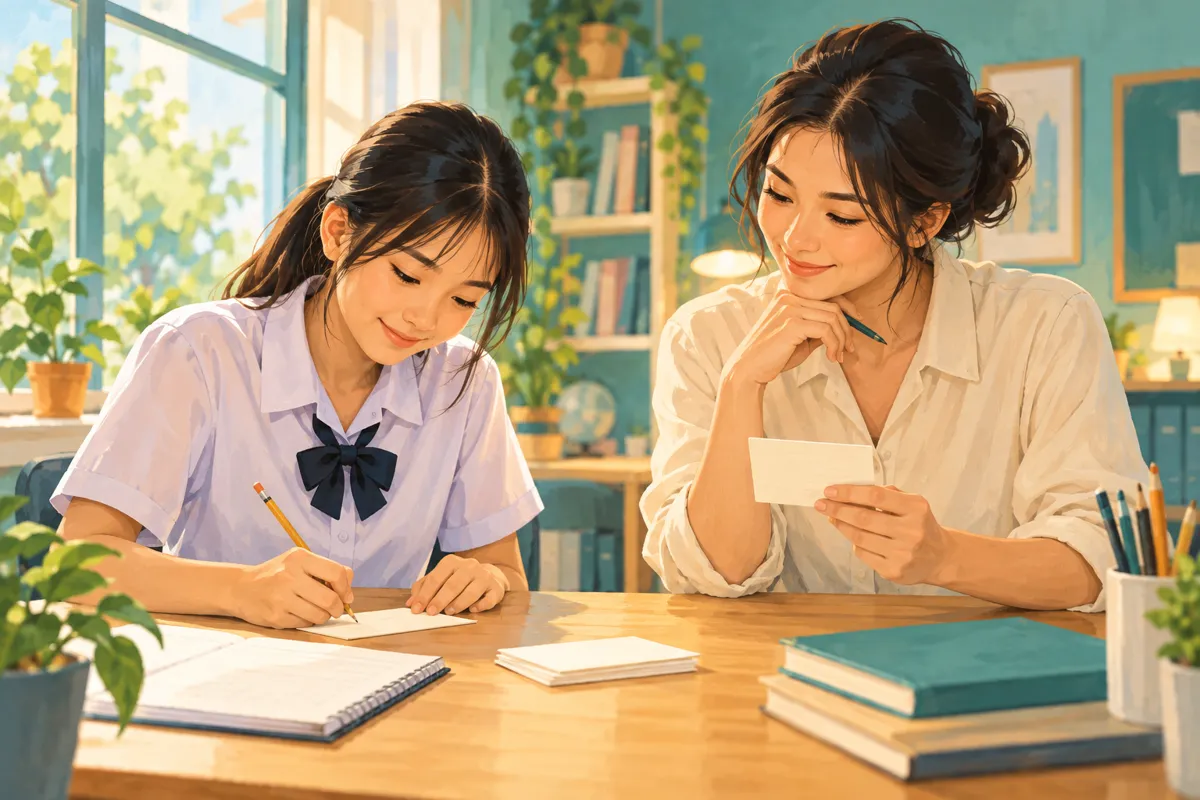 นักเรียนเขียนคำตอบบนกระดาษใบเล็ก ขณะที่ติวเตอร์ตรวจคำตอบเพื่อวางแผนการสอน